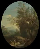 Giovanni Battista Cimaroli, A Rocky Wooded Landscape with Hermits