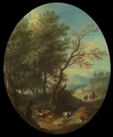 Giovanni Battista Cimaroli, A Mountainous Wooded Landscape with Cattle