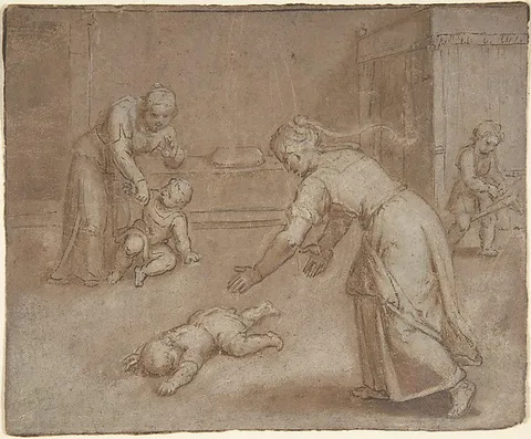 Otto van Veen, Two women and three children in an interior