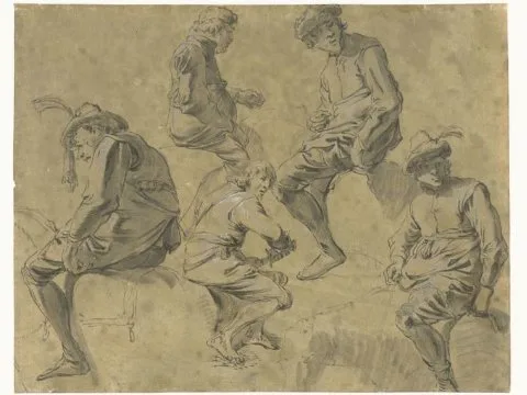 Leonard Bramer, Studieblad met vier mannen te paard en een op een steen