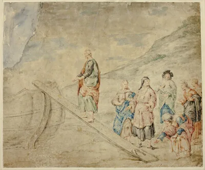 Leonard Bramer, Man Mounting Plank to Boat