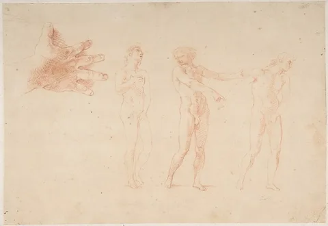Pompeo Batoni, Three Nude Male Figures; Study of the Right Hand of the Figure on the Left