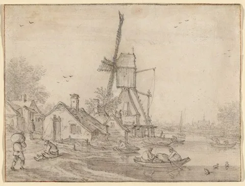 Esaias van de Velde, A Windmill and Cottages on a River Bank, Men in Rowing Boats