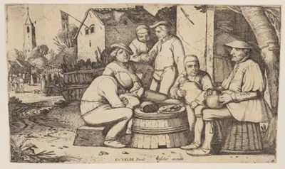 Esaias van de Velde, Six Peasants using a Barrell Butt as a Table