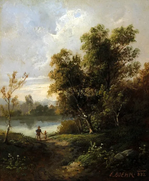 Eduard Boehm, wooded river landscape with father and child on a pathway