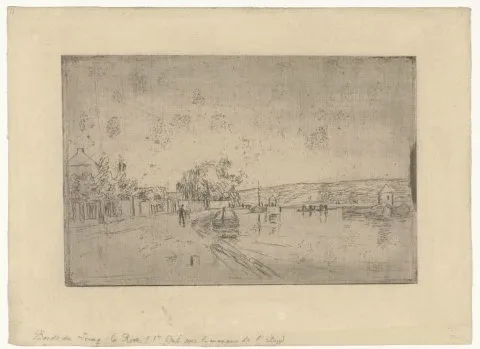 Alfred Sisley, Gezicht op de rivier Loing met boten vanaf de oever