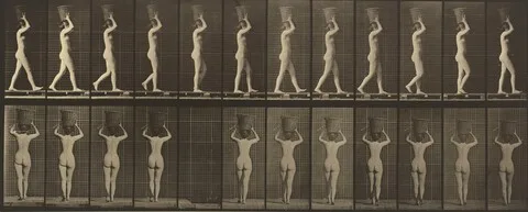 Eadweard Muybridge, Plate Number 34. Walking and carrying a 15-lb. basket on head, hands raised