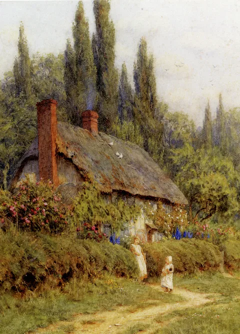 Helen Allingham, Children On A Path Outside A Thatched Cottage, West Horsley, Surrey