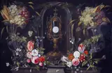 Jan van Kessel the Younger, Still Life of Flowers and Grapes encircling a Monstrance in a Niche