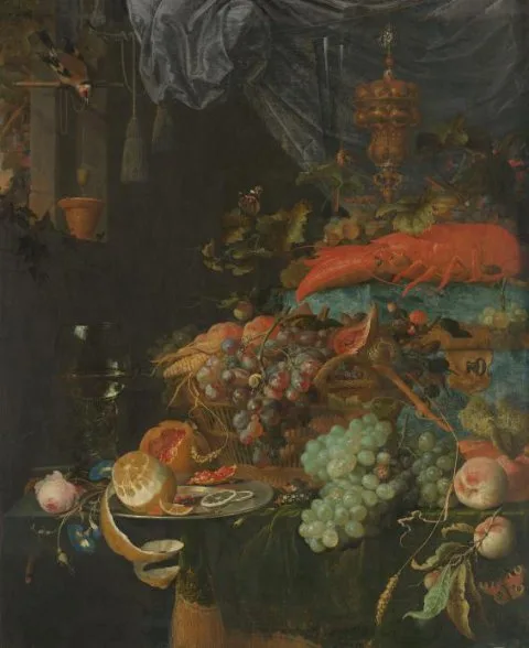 Abraham Mignon, Still Life with Fruit and a Goldfinch