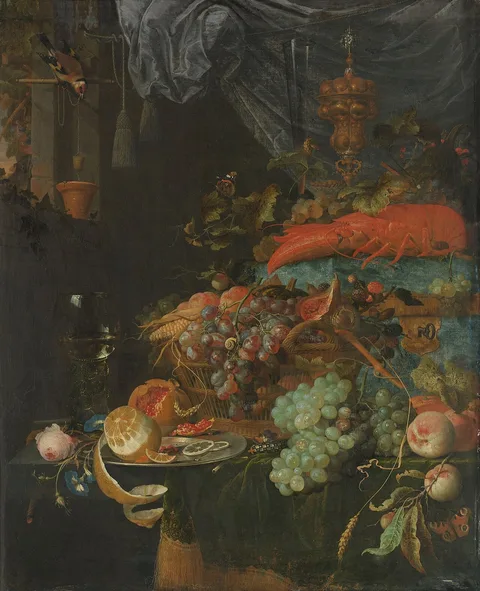 Abraham Mignon, Still life with fruit and a finch drawing water