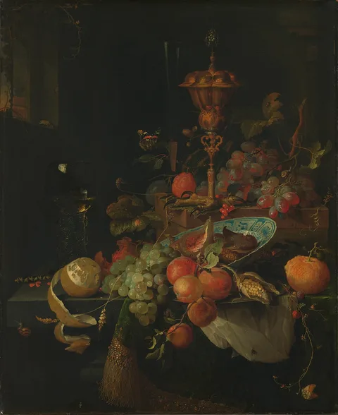 Abraham Mignon, Still life with fruit and a beaker on a cock's foot