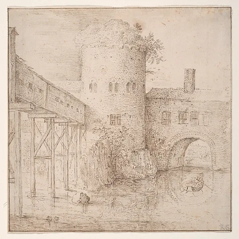 Roelandt Savery, A Mill with a Fortified Bridge, a Rowing Boat in the Foreground