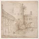 Roelandt Savery, A Mill with a Fortified Bridge, a Rowing Boat in the Foreground