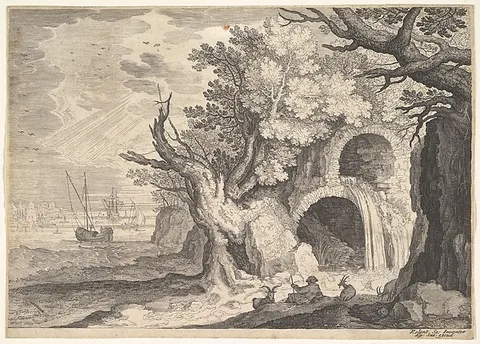 Roelandt Savery, Ruined aqueduct with water spilling from it to a stream below, ships at sea beyond, a man reclining on the ground with three goats in the foreground, from "Six Landscapes in Tyrol"