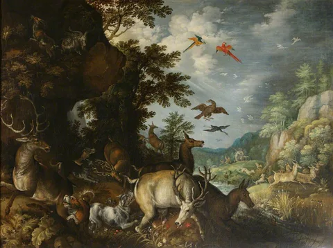 Roelandt Savery, Rocky Landscape with Mastiffs attacking Stags, and Hinds fleeing Hunters