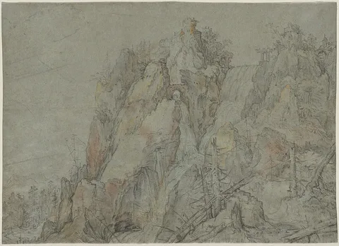 Roelandt Savery, Mountainous Landscape with Castles and Waterfalls
