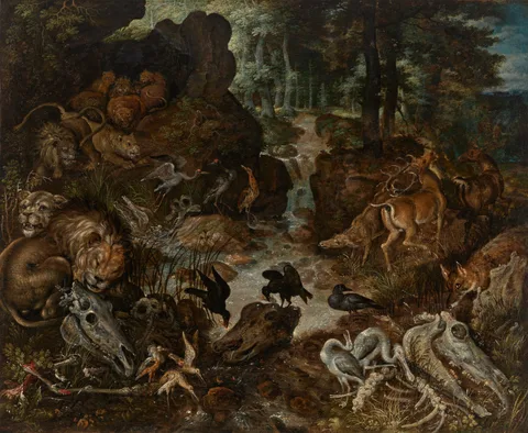 Roelandt Savery, Lions and Fox in a Rugged Landscape