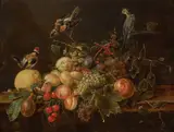 Adriaen van Utrecht, Still life of grapes, peaches, cherries, plums, figs, red and white currants, a lemon and other fruit on a table with three birds