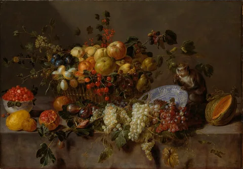 Adriaen van Utrecht, Still Life with Fruit and a Monkey eating Grapes