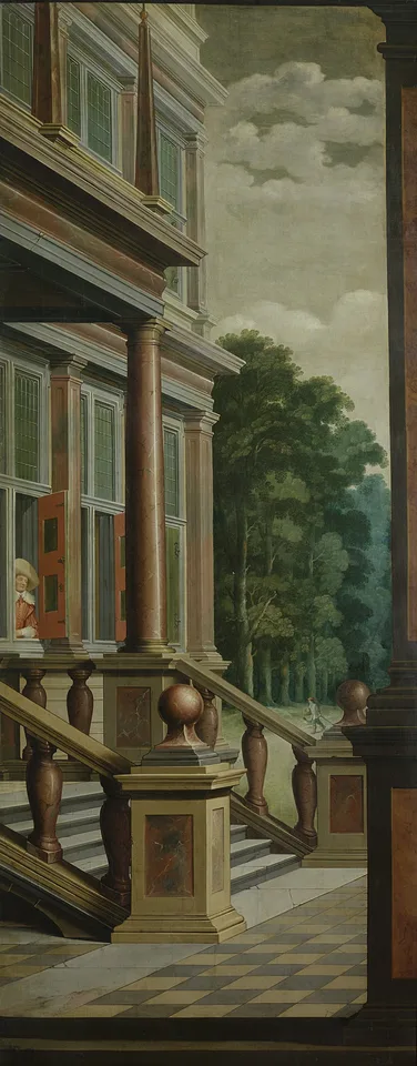 Dirck van Delen, An outside staircase. Part of a seven-part decorative sequence