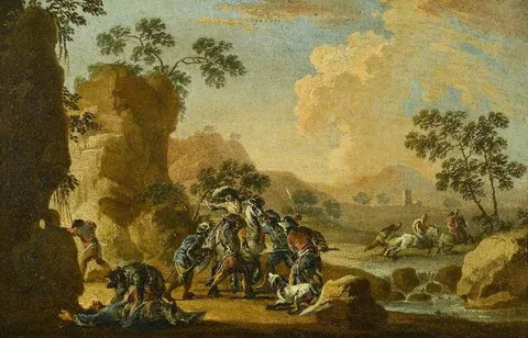 Francesco Simonini, Brigands Ambushing Riders in a River Landscape