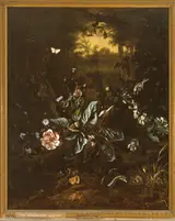 Rachel Ruysch, Still life of flowers and small animals at the edge of a forest