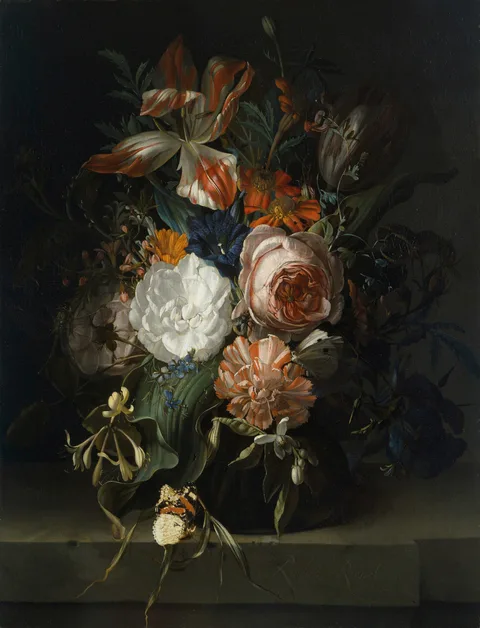 Rachel Ruysch, Flowers in a glass vase on a marble ledge, 1691