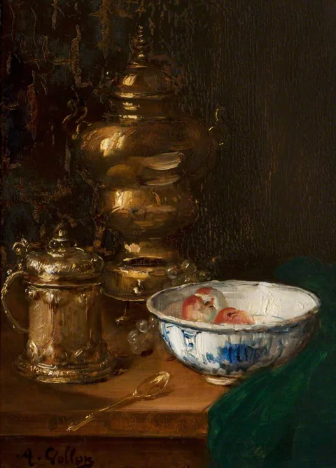 Antoine Vollon, A Bowl of Fruit, and Silver on a Table