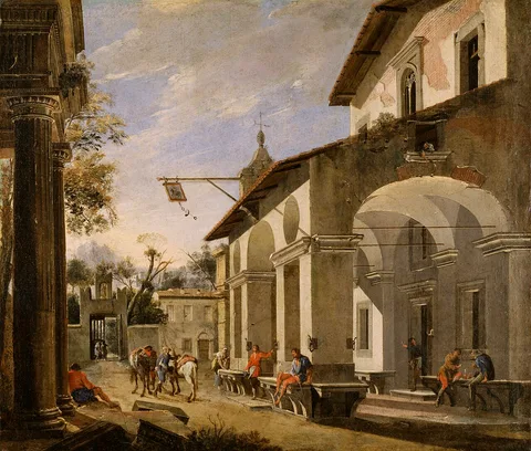 Viviano Codazzi, Courtyard of an Inn with Classical Ruins