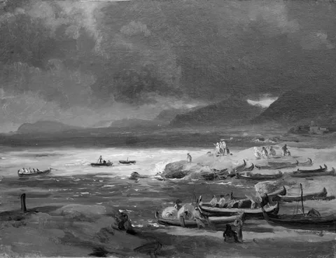 Louis Gurlitt, Coast with Boats on the Beach, a Storm Brewing. Dalmatia
