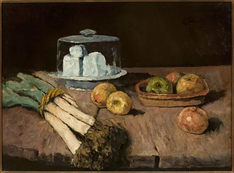 Carl Schuch, Still life with leeks, cheese and apples