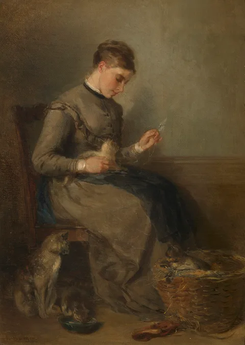Anton Burger, Female Playing with a Cat; an Interior