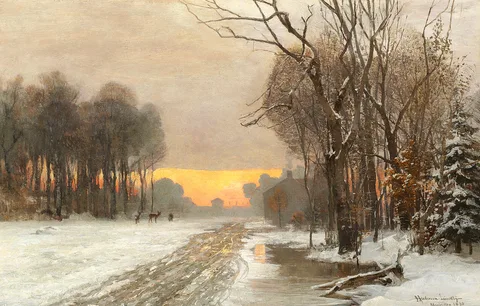 Anders Andersen-Lundby, Deer at sunset in a winter landscape.