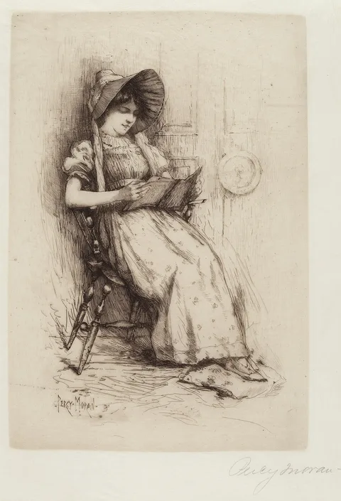 Edward Percy Moran, Untitled (Young Girl With Hat, In Chair, Reading)