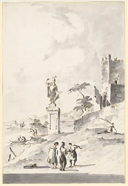 Giacomo Guardi, Capriccio with a Statue of a Warrior and a Ruined Castle on the Shore of the Lagoon