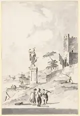 Giacomo Guardi, Capriccio with a Statue of a Warrior and a Ruined Castle on the Shore of the Lagoon
