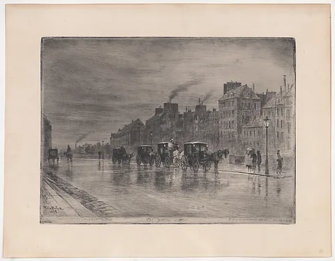 Félix Buhot, Winter Morning on the Quai de l'Hôtel-Dieu (Cabstand)