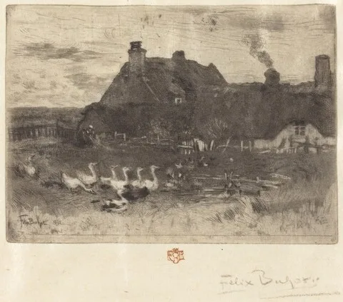 Félix Buhot, Les Petites Chaumières (Thatched Cottages--Small Plate)