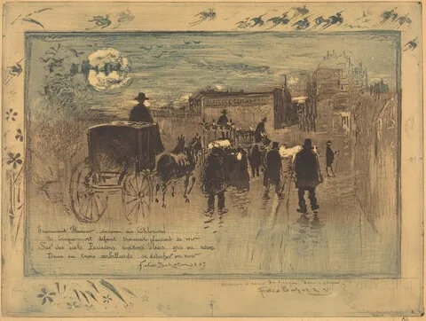 Félix Buhot, Convoi Funèbre au Boulevard de Clichy (Funeral Procession on the Boulevard de Clichy)