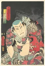 Utagawa Kunisada, The Actor Nakamura Fukusuke I as Asahina Tōbei, likened to Lu Zhishen the Tattooed Priest (Kaoshō Rochishin ni hisu), from the “Pine” triptych of the series A Modern Water Margin (Tōsei suikoden)