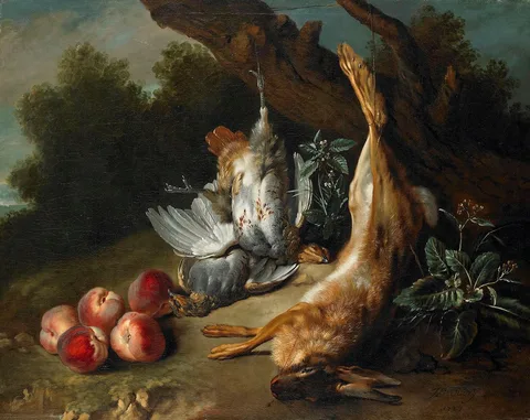 Jean-Baptiste Oudry, Still Life with Dead Game and Peaches in a Landscape