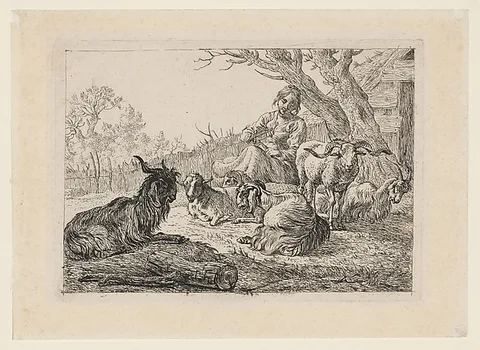Pieter van Laer, Goats and a Shepherdess Winding Skeins