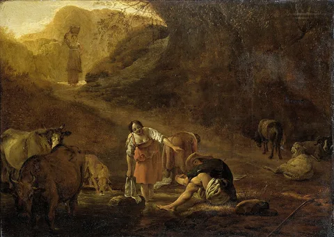 Pieter van Laer, A shepherd and washerwomen at a spring
