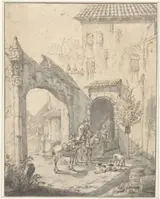 Johann Heinrich Roos, Twee ruiters pleisteren op de voorhoof van een herberg