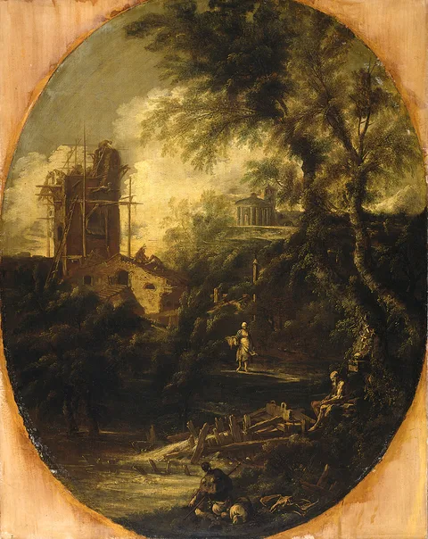 Antonio Francesco Peruzzini, Landscape with Hermit, Pilgrim and Peasant Woman