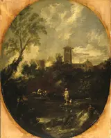 Antonio Francesco Peruzzini, Landscape with Monks, Pilgrim and Peasant Woman