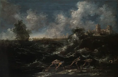 Antonio Francesco Peruzzini, Seascape with Fisherman Pulling out Net