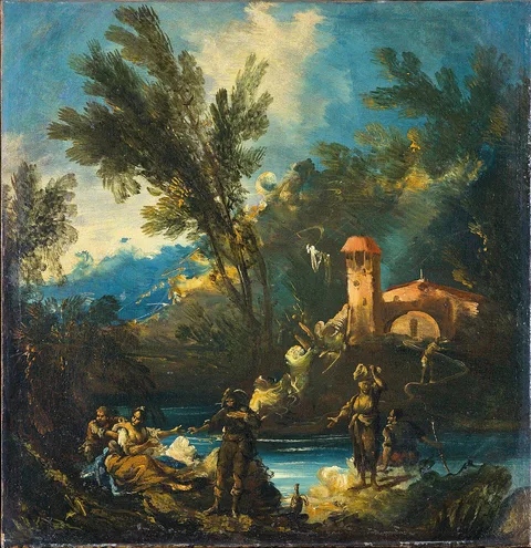 Antonio Francesco Peruzzini, A wooded river landscape with figures