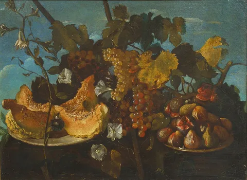 Michelangelo Pace, Still Life with Grapes, Figs and Pumpkin